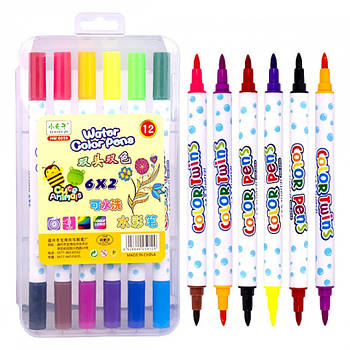 Набір двоколірних фломастерів 6 штук 12 кольорів 8059-12 у пластиковому боксі