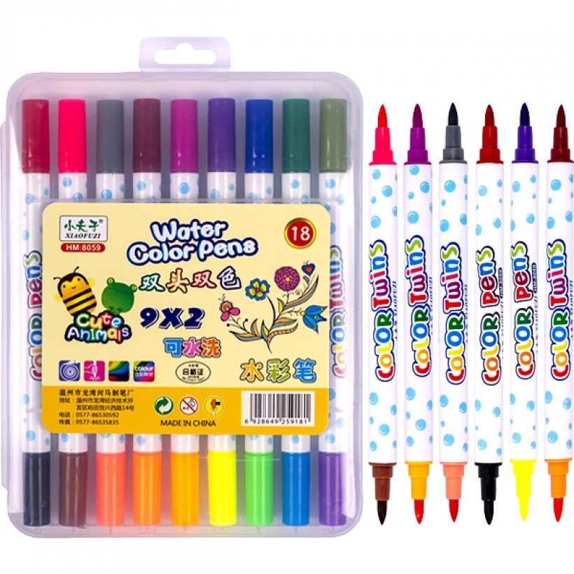 Набір двоколірних фломастерів 9 штук 18 кольорів 8059-18 у пластиковому боксі, фото 1