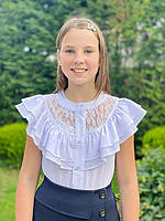 Шкільна блузка"Волан-гіпюр" з коротким рукавом для дівчинки, р-ри 30-40