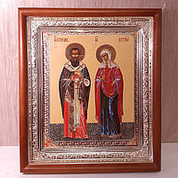 Икона Киприян и Иустина святые лик 15х18 см, в светлом прямом деревянном киоте