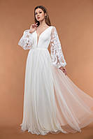 Светлое свадебное вечернее платье в пол с длинным рукавом, M/L, белый