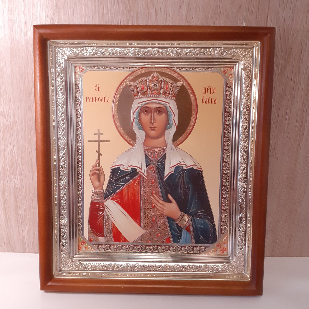 Ікона Олена свята рівноапостольна цариця, лик 15х18 см, у світлому прямому дерев'яному кіоті