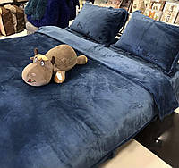 Велюровый Комплект постельного белья Моника евро размер Синего цвета