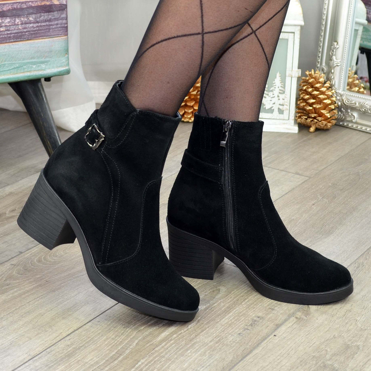 Черевики чорні жіночі замшеві на стійкому каблуці, фото 1