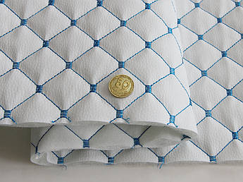 Відріз 1,3м, Шкірзам стьобаний білий «Ромб» (прошитий блакитно-бірюзовою ниткою) дубльований. синтепоном і флізеліном шир 1,35 м