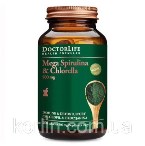 Мега Спіруліна та Хлорела Органічна 200 таб Doctor Life Mega Spirulina & Chlorella 500mg США Доставка з ЄС