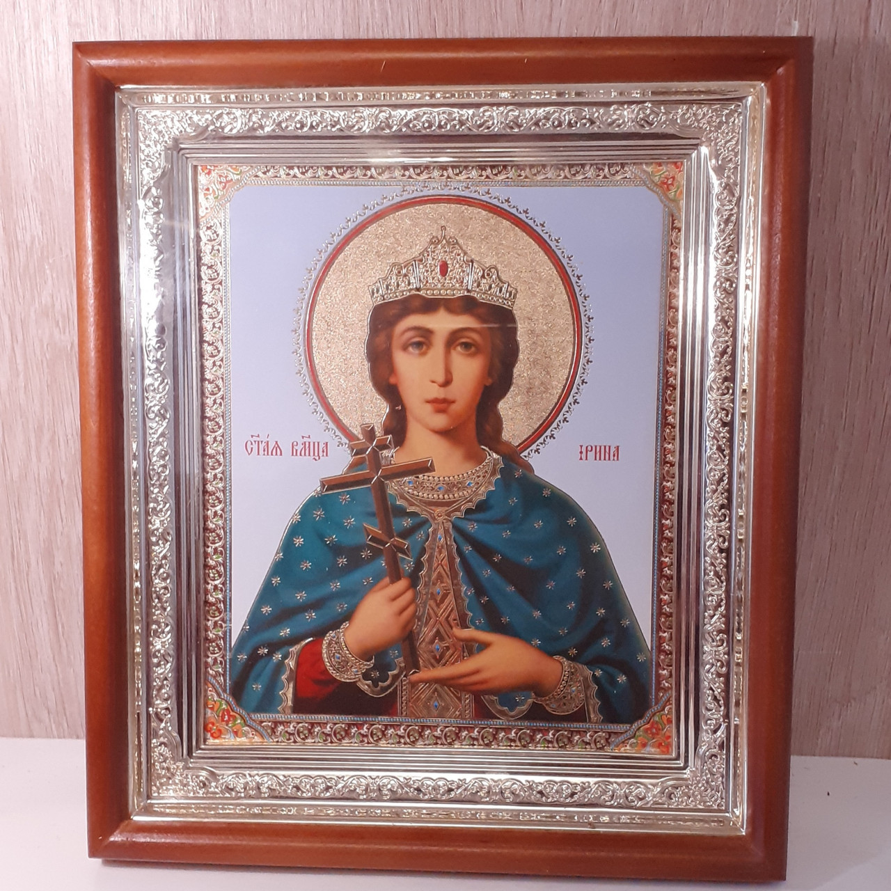 Ікона Ірина свята мучениця, лик 15х18 см, у світлому прямому дерев'яному кіоті