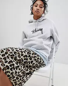 Худі жіноча STUSSY Стассі прямого силуету принт Стуссі сіра, Толстовка з капюшоном і карманом- кенгуру Котон