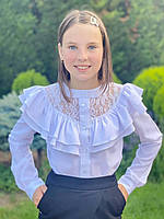 Школьная блузка "Волан-гипюр" с длинным рукавом для девочки, р-ры 30-40