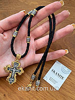 Комплект. Шелковый шнурок с серебряными позолоченными вставками Спаси и сохрани. Православный крест