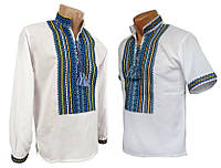 Украинская рубашка с вышивкой для мальчика подростка с воротничком стойкой Синьо жовтий орнамент 42-48