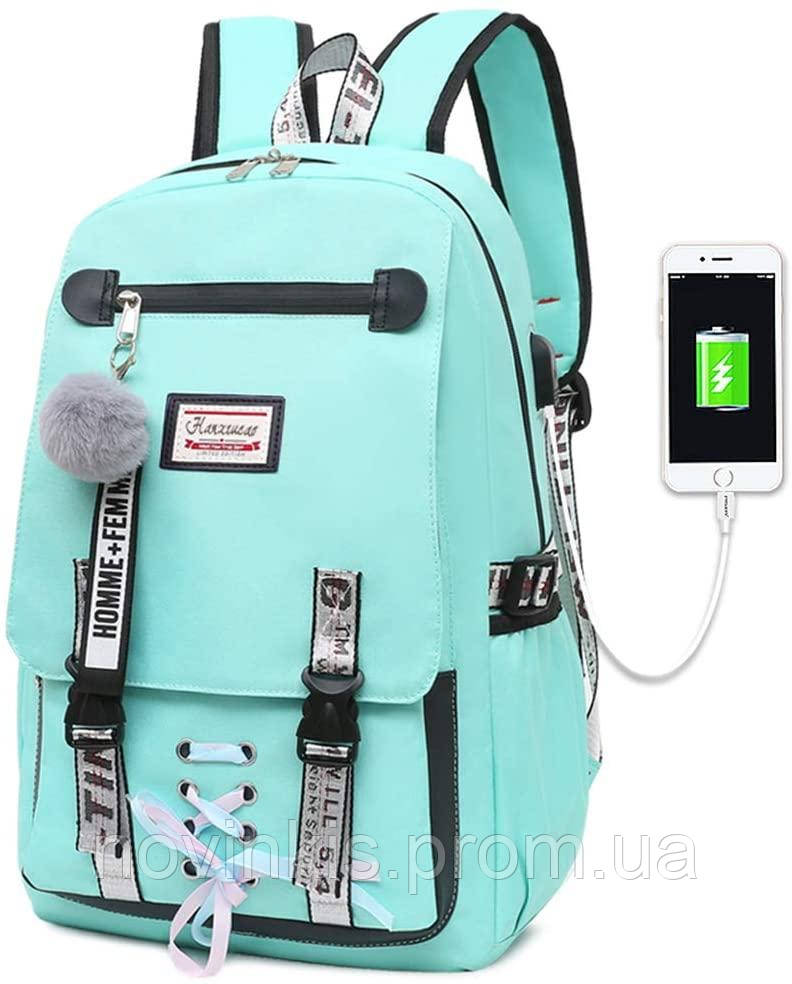 Шкільний підлітковий рюкзак для дівчаток Harvard з USB портом, замочком і хутряним помпоном, 5 кольорів - фото 2 - id-p1107593565