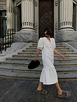 Нарядное женское летнее платье миди на пуговицах рукав фонарик белое выбитое