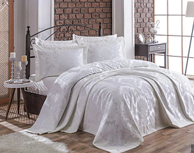 Двоспальне шенілове покривало євро розмір на ліжко і наволочки, турецьке покривало в спальню 240х260 Кремовий