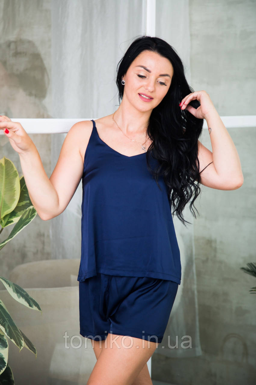 Жіноча піжамка шовкова синя (майка із шортами) Розміри 42-52, фото 1