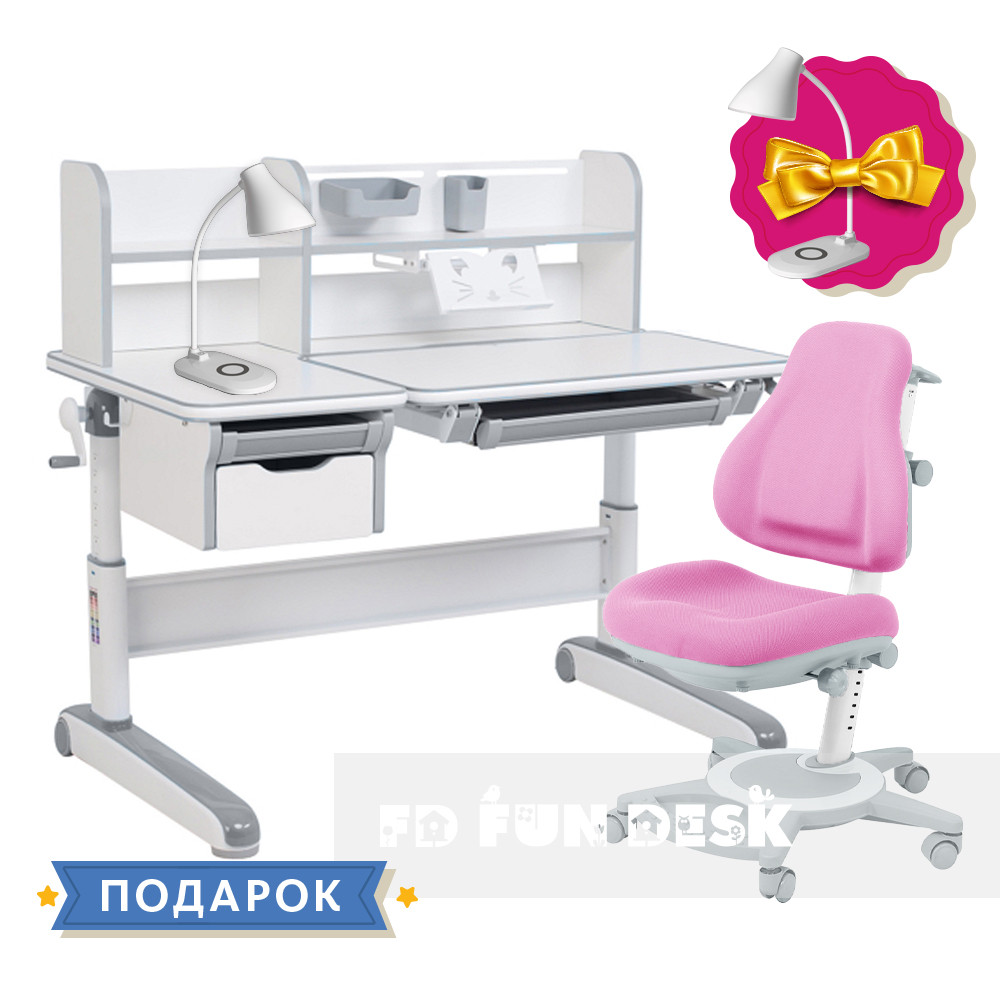 Дитячий комплект стіл-трансформер FunDesk Libro Grey + універсальне крісло FunDesk Bravo Pink
