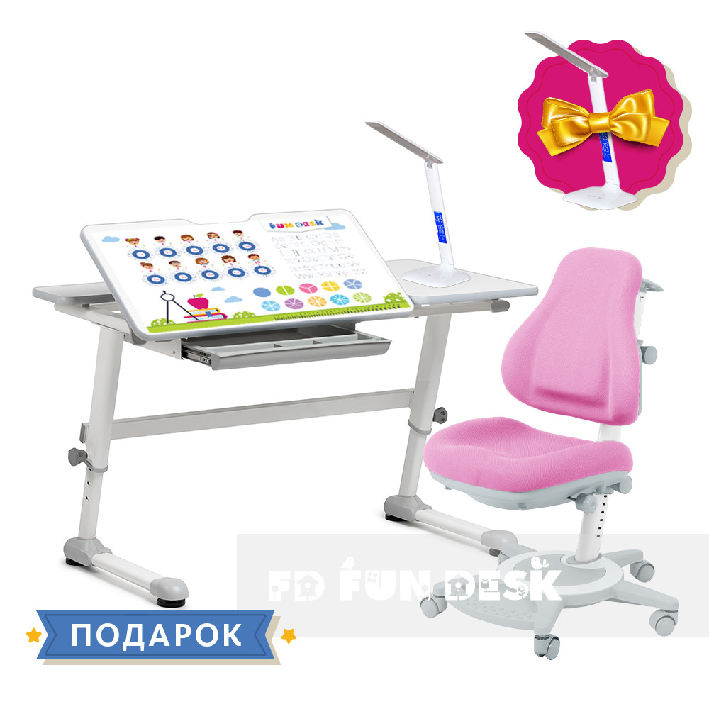 Комплект для дівчинки парта-трансформер FunDesk Trovare Grey + підліткове крісло FunDesk Bravo Pink