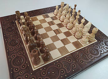 Шахи дерев'яні різьблені ручної роботи набір 3 в 1 шахи, шашки, нарди.