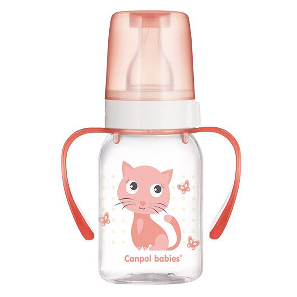 Тританова пляшечка з ручками "Кольорова ферма Котик" 120 мл Canpol Babies BPA FREE 3+ (5903407118239)