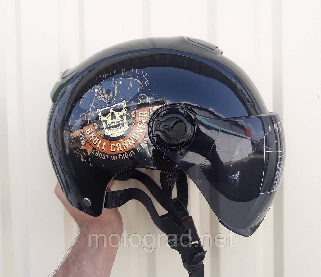 Мотокаска райдера Cannoner чорна глянець з окулярами, фото 1