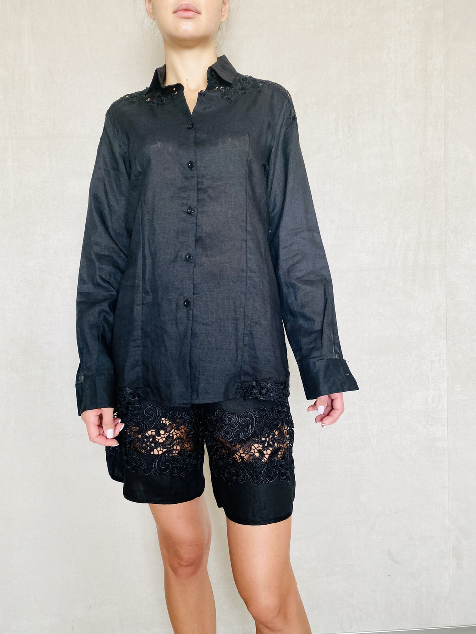 Сорочка блуза жіноча чорна льон із довгим рукавом і ажурними вставками., фото 1