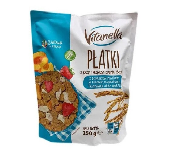 Мюслі Пластівці Пшенично-Рисові Vitanella Platki з йогуртом, полуницею і персиками 250 г Польща
