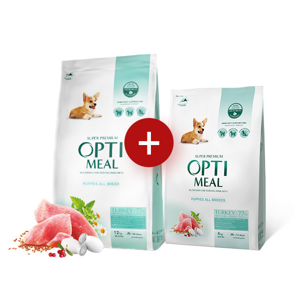 АКЦІЯ! Optimeal (Оптиміл) сухий корм для цуценят усіх порід з індичкою 12КГ + 4КГ