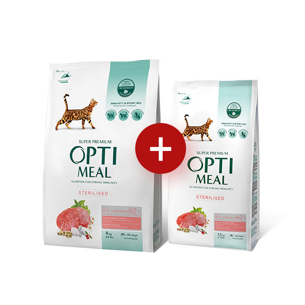 АКЦІЯ! OPTIMEAL Повнораціонний сухий корм для стерилізованих кішок з яловичиною та сорго 4КГ+1.5 КГ у подарунок!