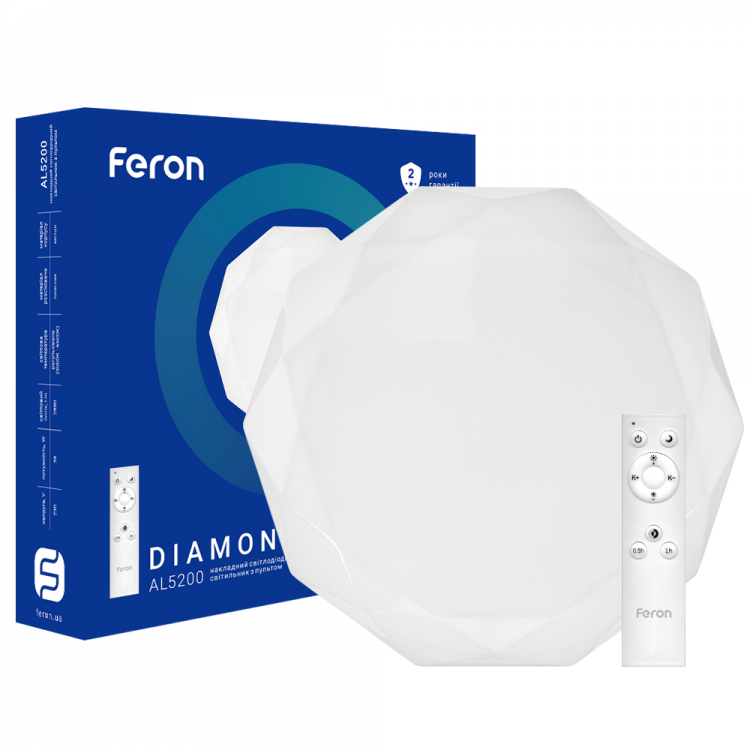 Стельовий світлодіодний світильник Feron AL5200 DIAMOND 36W LED 2500K-6400K з пультом ДУ 410*90mm круглий 2880Lm