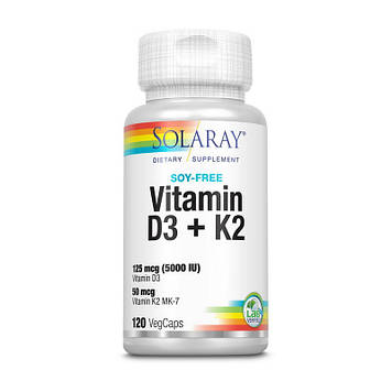 Вітамін Д3 + Вітамін К2 Соларай / Solaray Vitamin D3+K2 (soy free) (120 veg caps)