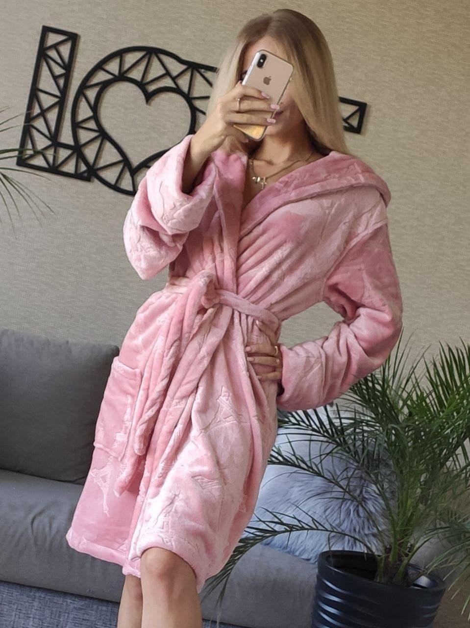 Короткий махровий халат кольору пудра Туреччина, фото 1