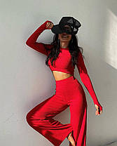 Костюм жіночий вільні штани кльош і топ укорочений із рукавами, фото 4