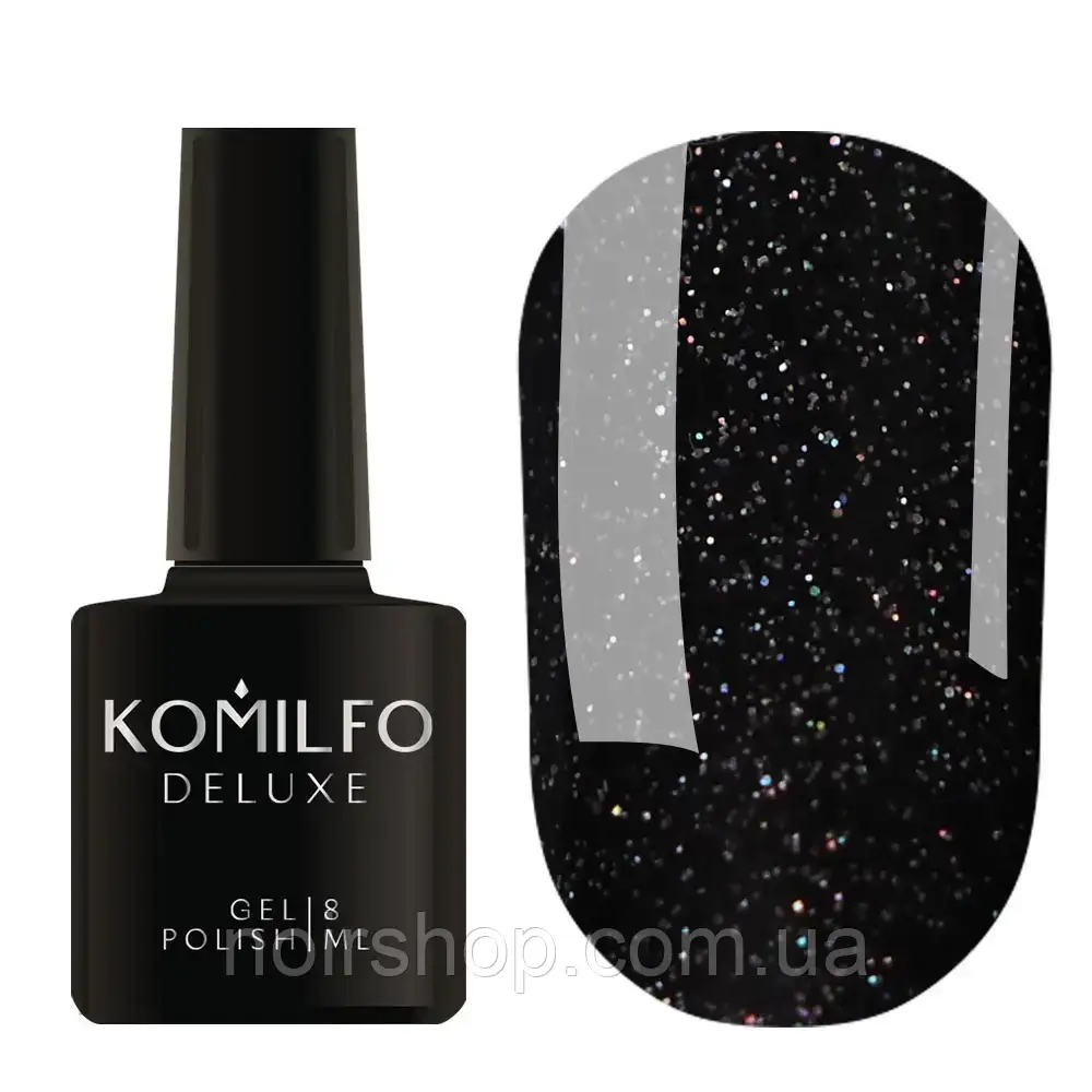 Гель-лак Komilfo DeLuxe Series NoG027 (чорний із голографічними блискітками), 8 мл