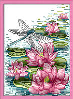 Набір для вишивання за нанесеною на канву схемою "Dragonfly and lotus". AIDA 14CT printed, 16*20 см