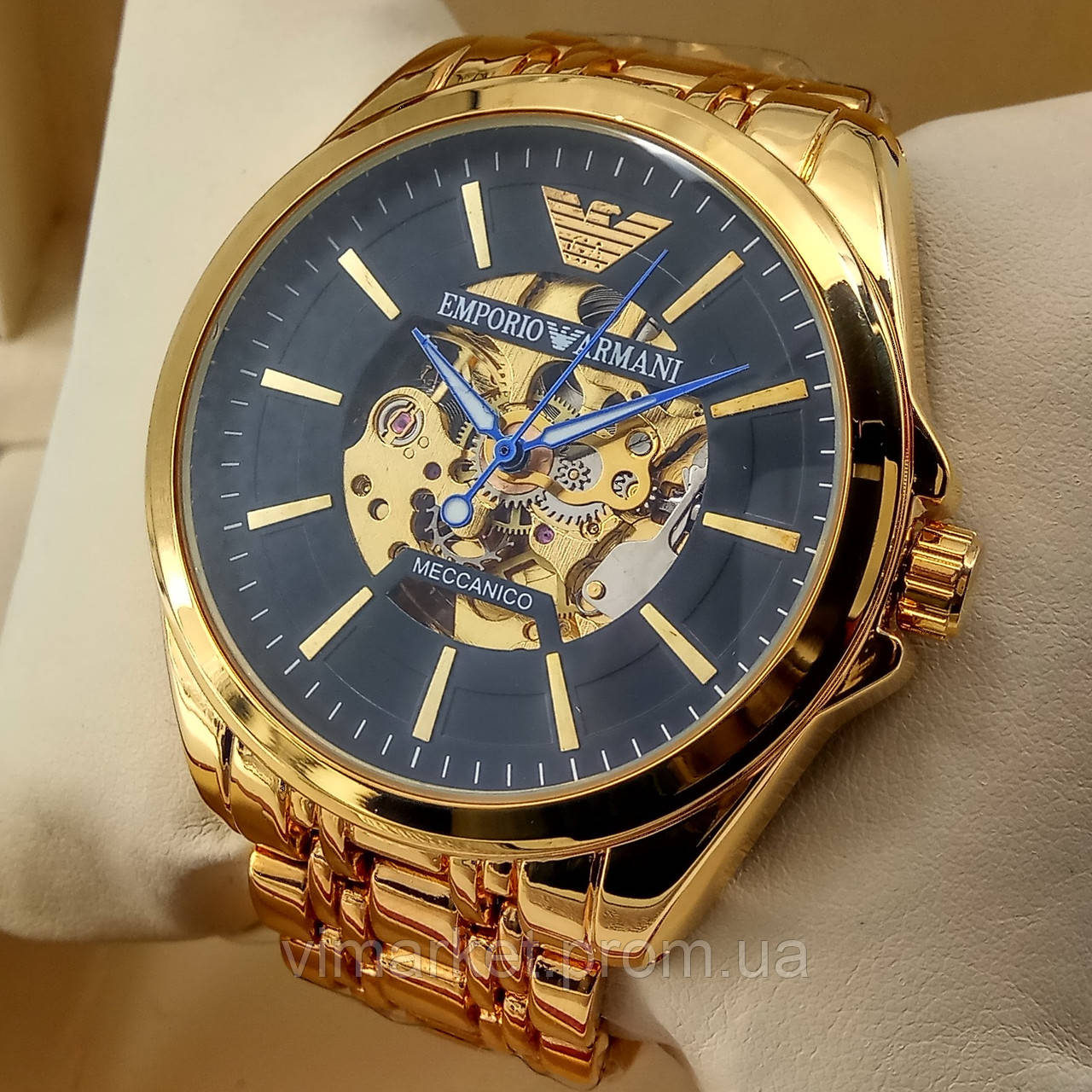 Механічні чоловічі наручні годинники скелетоны Emporio Armani A189 золотого кольору з автопідзаводом білий циферб