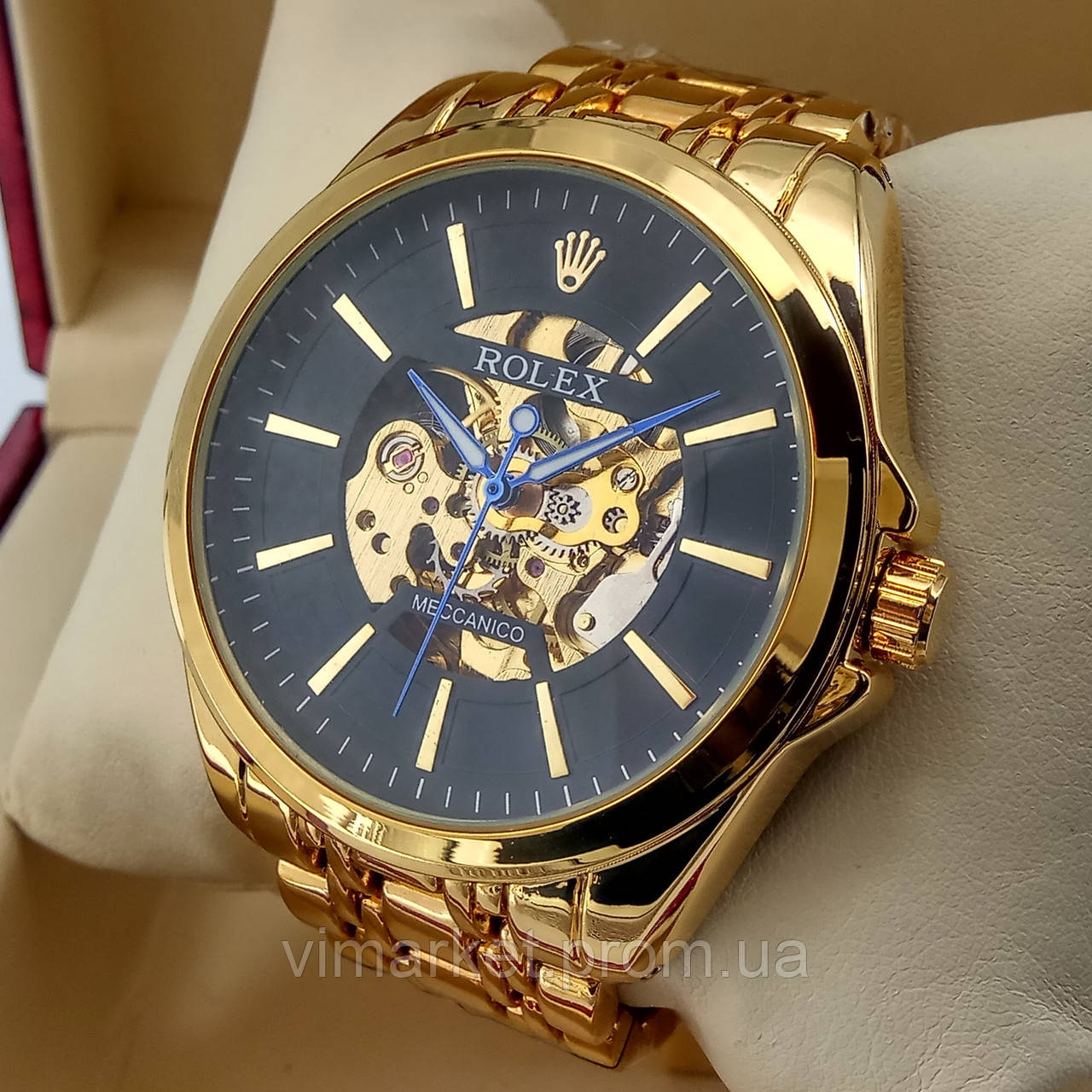 Механічні чоловічі наручні годинники скелетоны Rolex A190 Skeleton золотого кольору з автопідзаводом чорний циферб