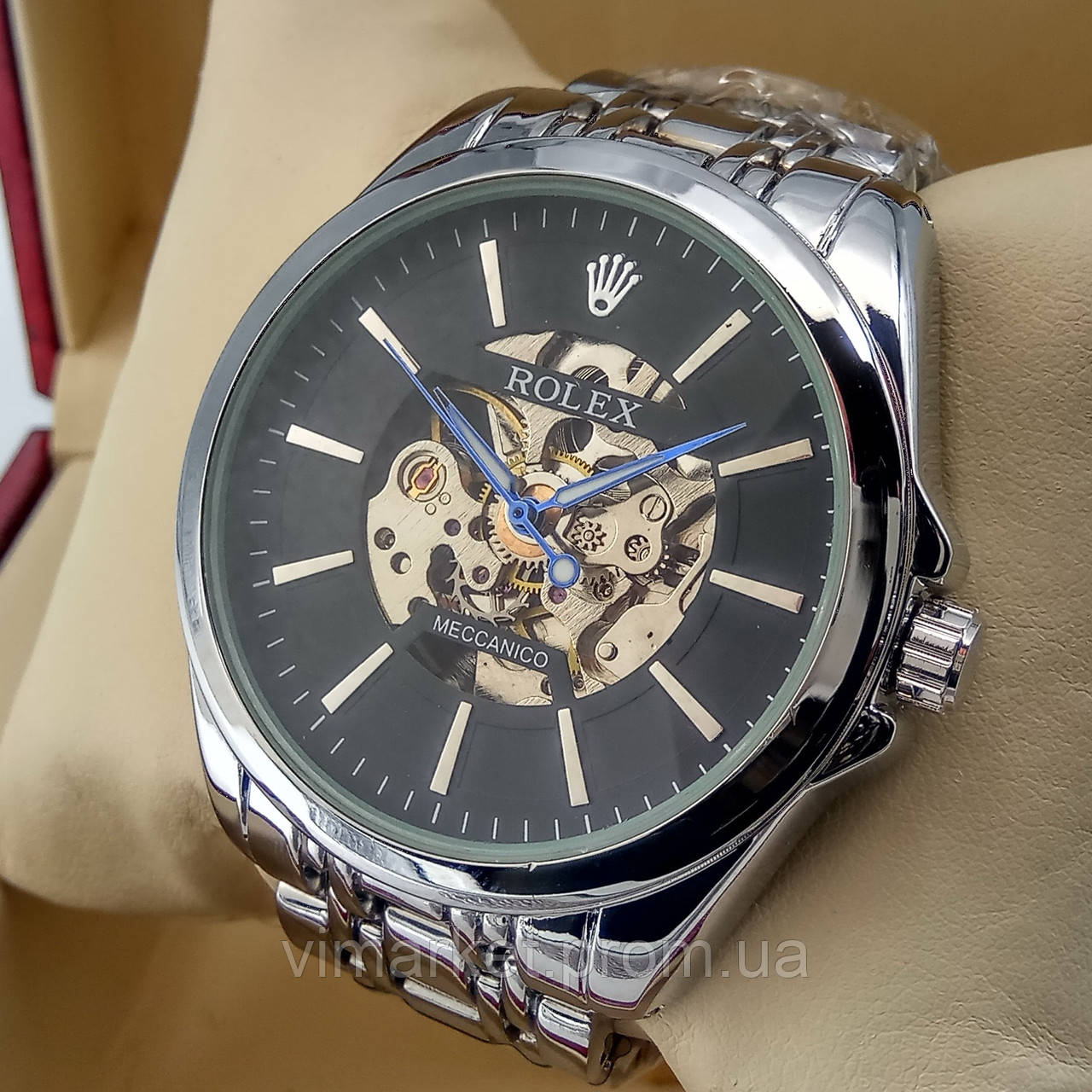 Механічні чоловічі наручні годинники скелетоны Rolex A222 Skeleton срібло з автопідзаводом чорний циферблат