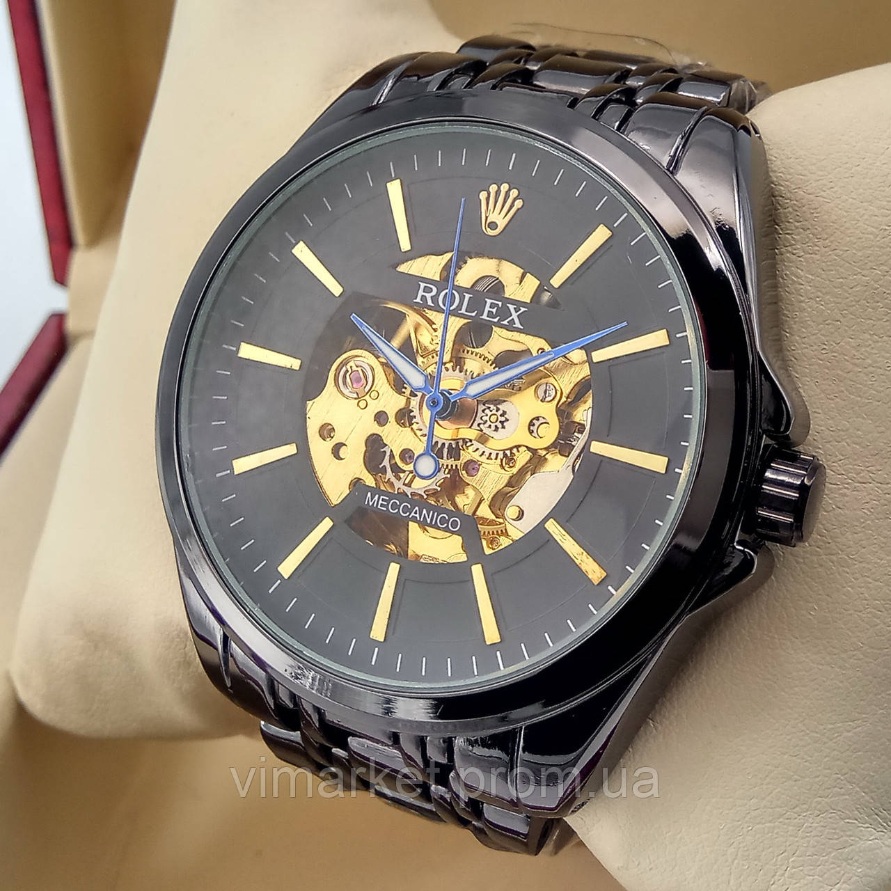 Механічні чоловічі наручні годинники скелетоны Rolex A222 Skeleton чорного кольору з автопідзаводом