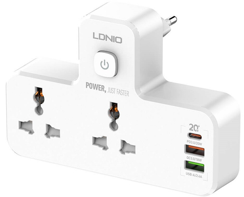 Мережевий розгалужувач LDNIO SC2311 з LED лампою, 2 розетками, 2USB-портами, 1 портом Type-C, білий.