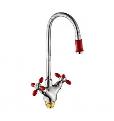 Змішувач для кухні з гнучким виливом ZX Z5860-5 (червоні ручки)