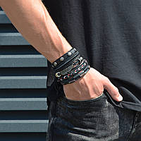 Комплект мужских кожаных браслетов на руку с "Пером" (В комплекте 5 браслетов)