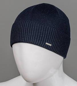 Вязана вовняна шапка без підкладки, з відворотом Nord (171812_бф), Темно-синій