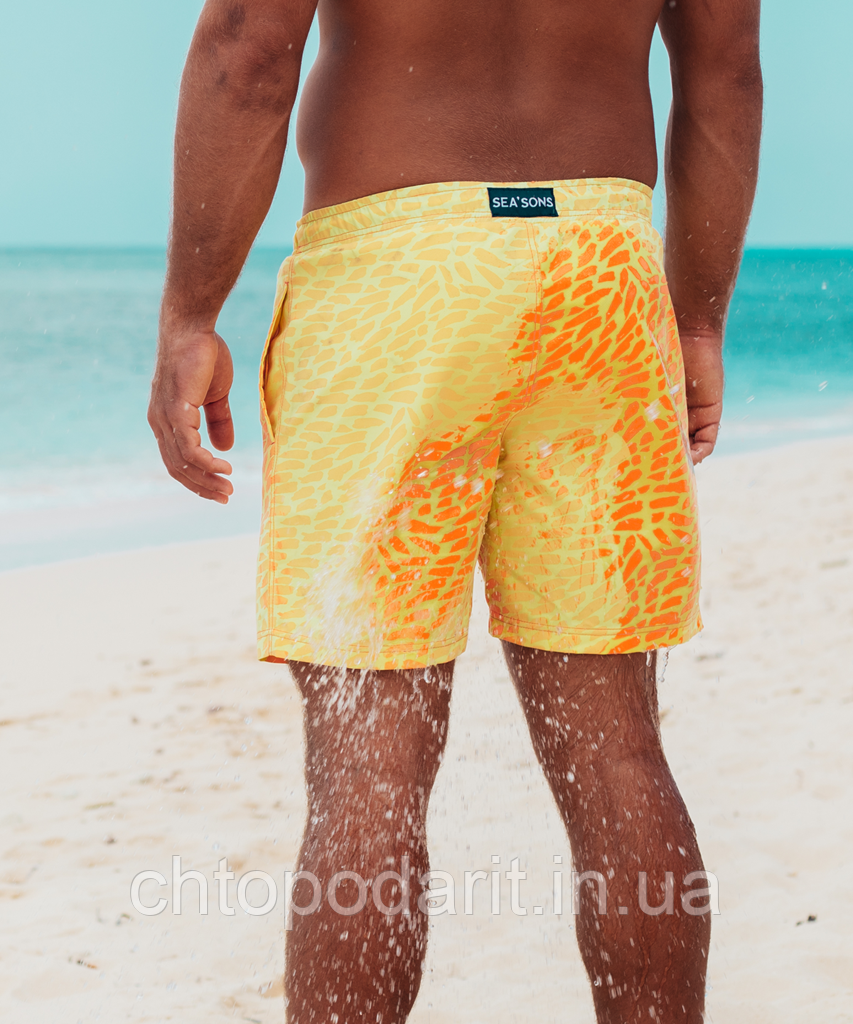 Шорты хамелеон для плавания, пляжные мужские спортивные меняющие цвет жёлтые с рисунком размер XL код 26-0005 - фото 1 - id-p1203664361