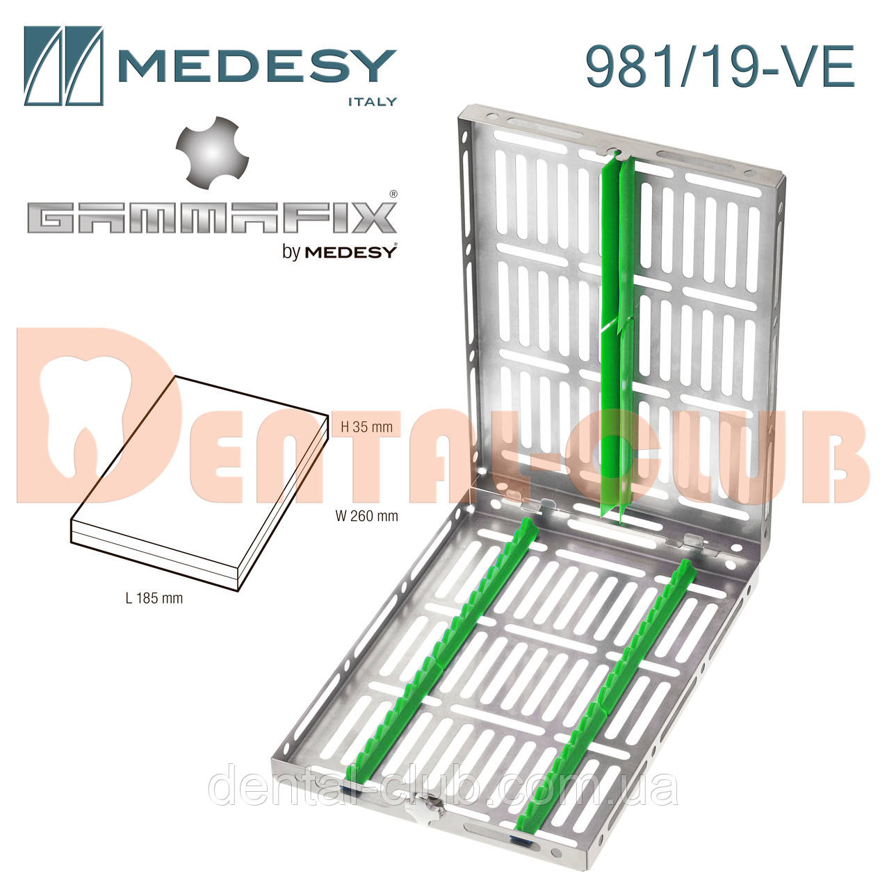 981/19-VE. Бокс із кришкою із зеленим силіконом на 19 інструментів, Medesy (Медесі), Італія
