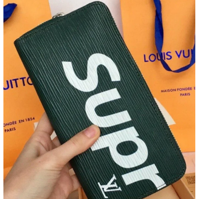 Гаманець Клатч Louis Vuitton 61702 на кнопці Supreme Темно-зелений, фото 1