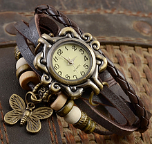 Жіночі годинники з кожзам ремінцем під старовину з брелоком-метеликом, жіночі кожзам годинник коричневі, фото 3