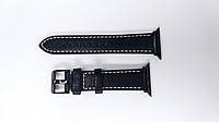 Ремешок кожаный для Apple Watch 38, 40, 41, 42, 44, 45, 49 mm Romix (Seiko Япония). Чёрный с белой ниткой.