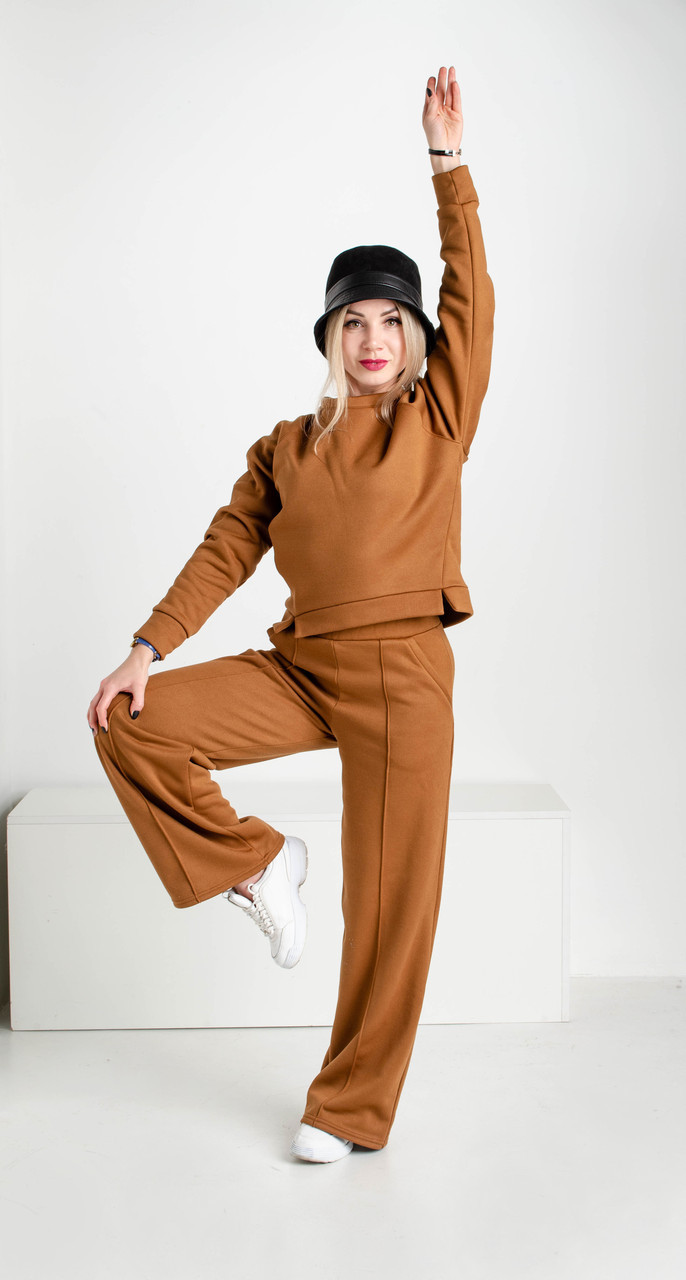 Женский спортивный костюм с широкими штанами цвета карамель - фото 6 - id-p1457992528