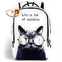 Школьный черно-белый рюкзак с модным принтом Кот в очках Runningtiger для подростка в школу