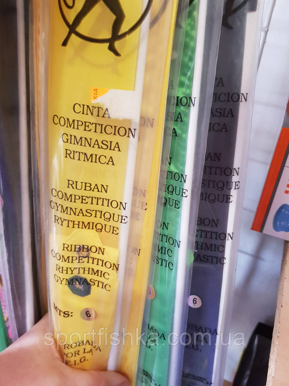 Стрічка для худ. гімнастики з паличкою сатин Іспанія 6м чорний жовтий зелений, фото 1